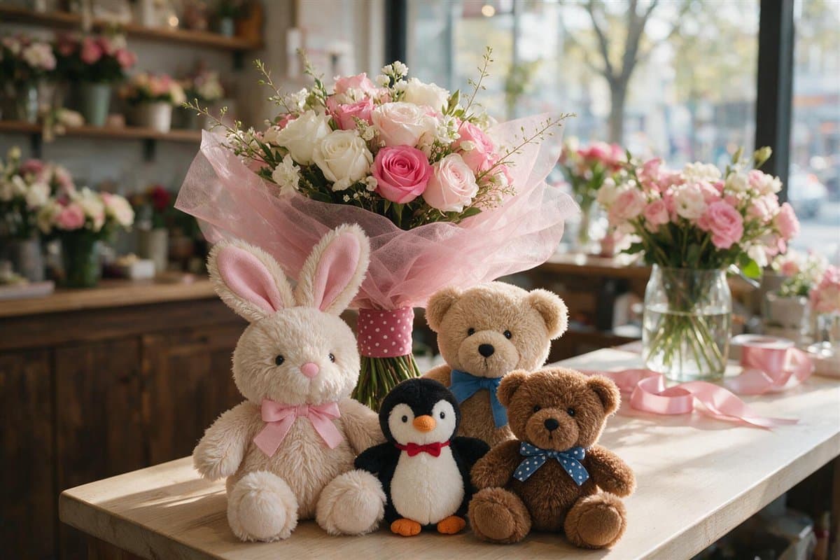 Peluches para acompañar un ramo de flores en la floristería de Vigo
