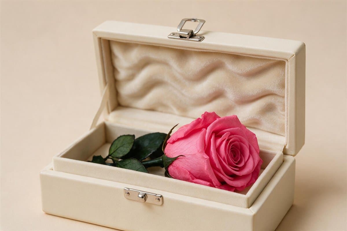Rosa preservada presentada en estuche en la floristería de Vigo