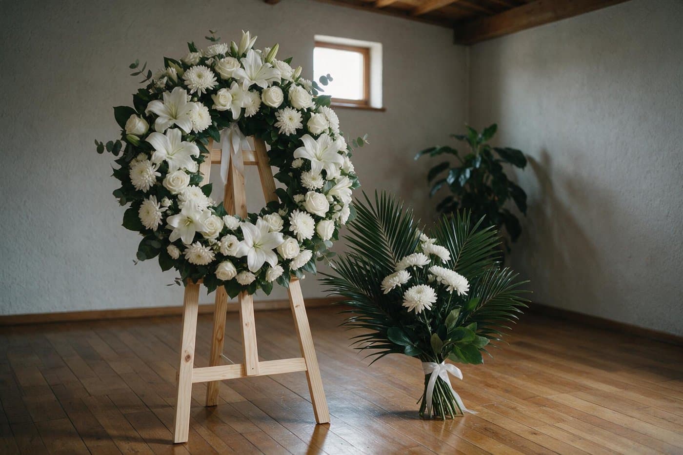 Corona y palma funerarias colocadas junto al féretro en un velatorio de Vigo