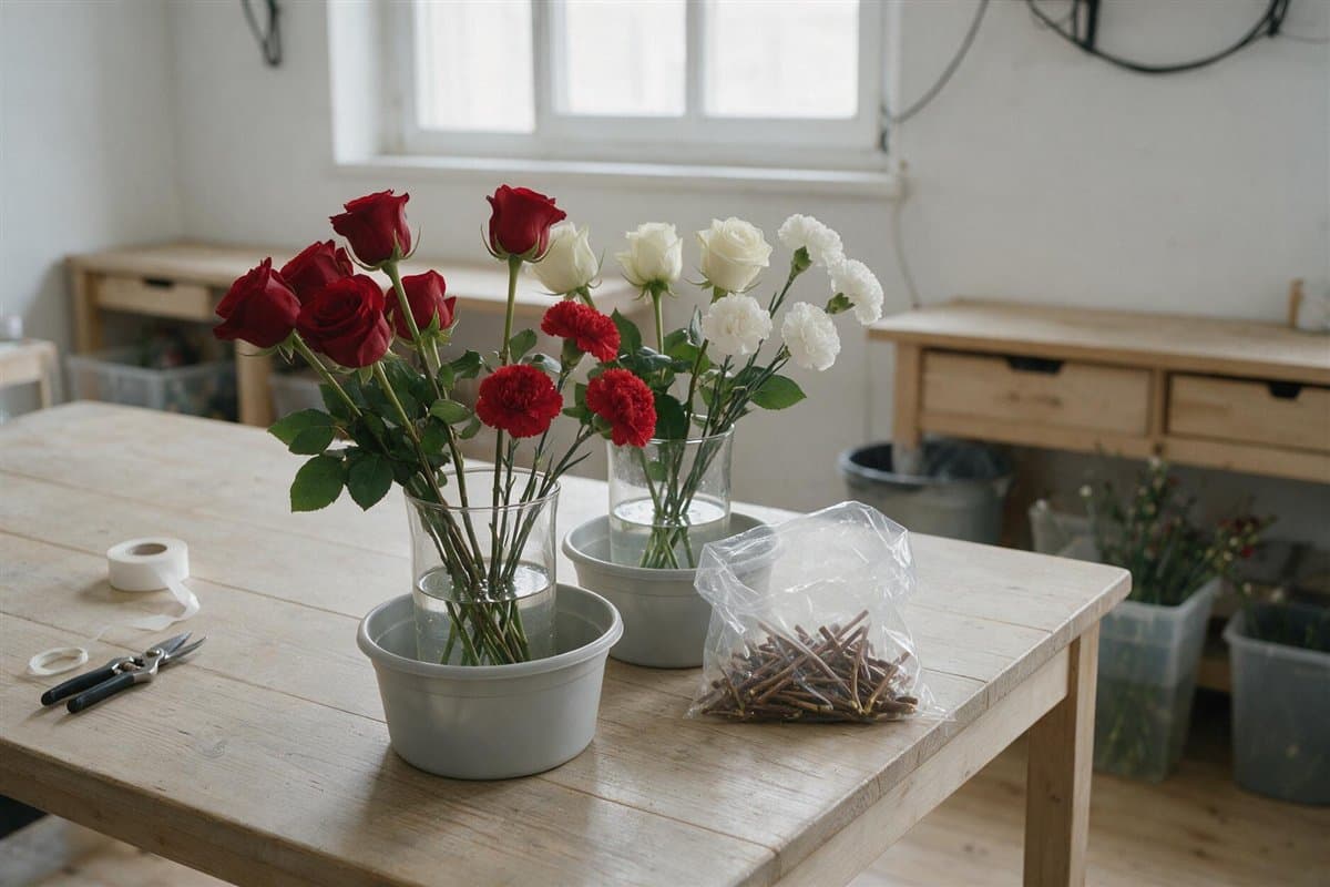 Rosas y claveles para composiciones funerarias en Vigo