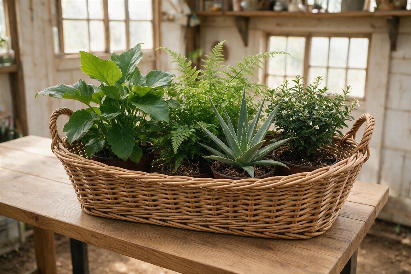 Cesta con plantas variadas montada a medida en la floristería de Vigo