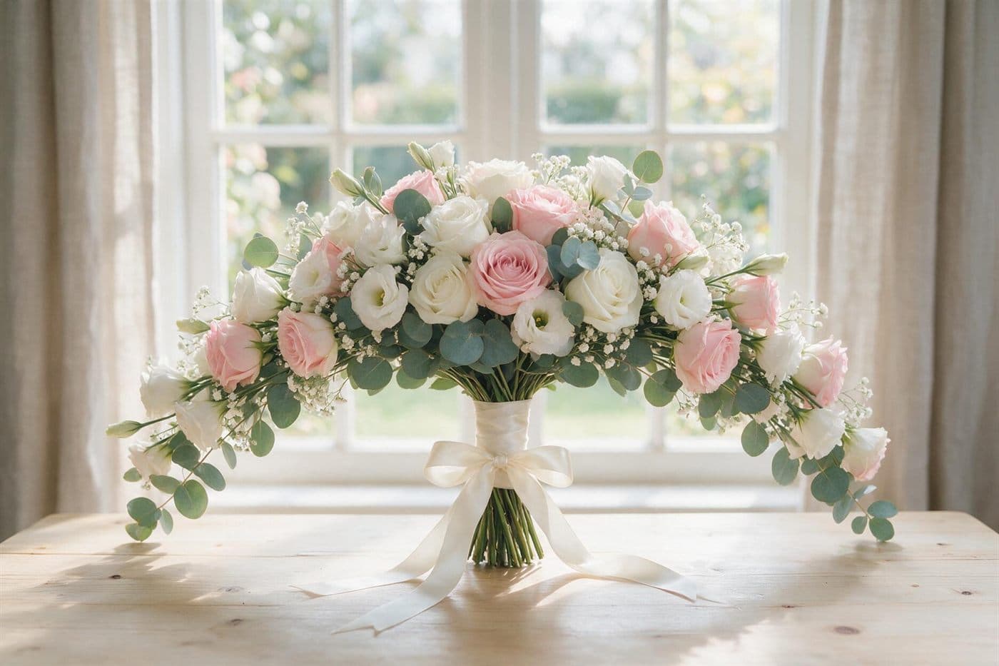 Ramo de novia en abanico con las flores desplegadas hacia los lados