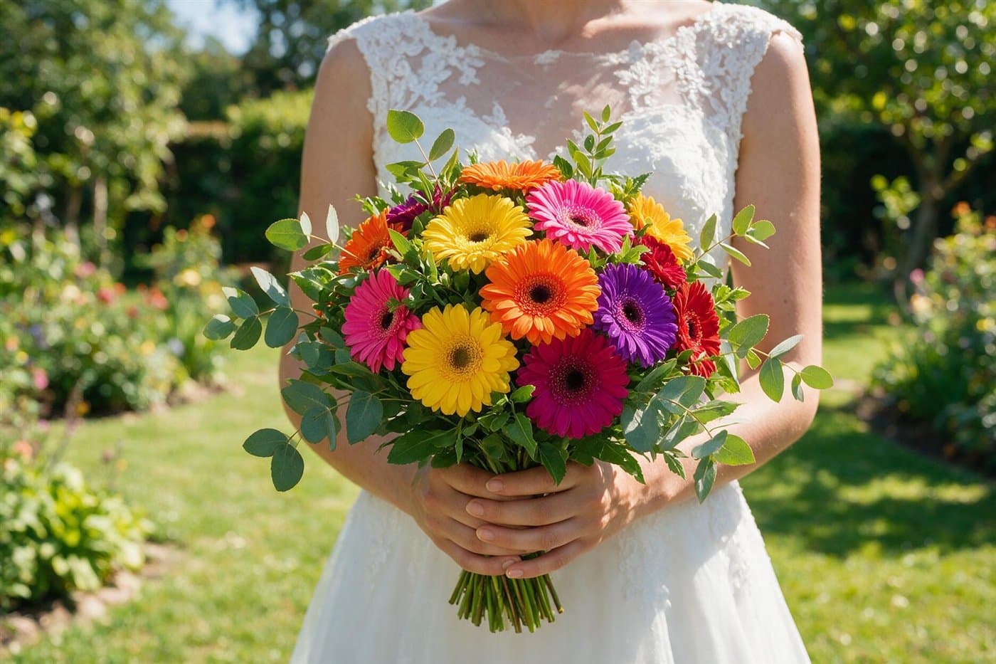 Bouquet de novia de gerberas de colores para una boda luminosa