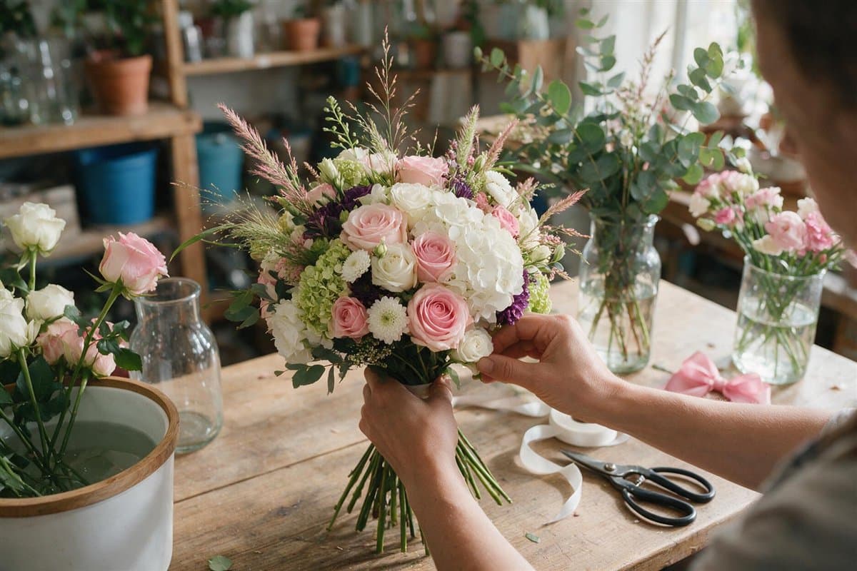 Diseño único de ramo de novia creado en la floristería de Vigo