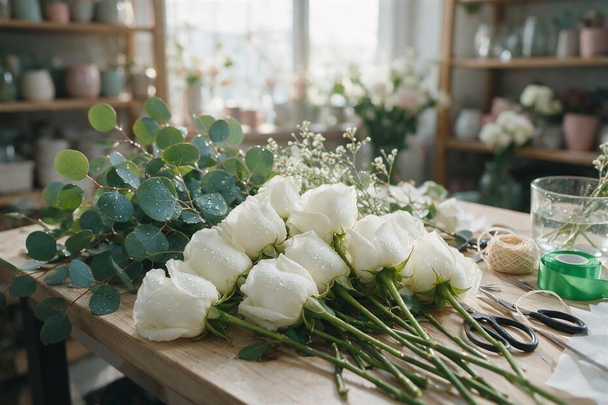 Flor fresca preparada para montar un ramo de novia en Vigo