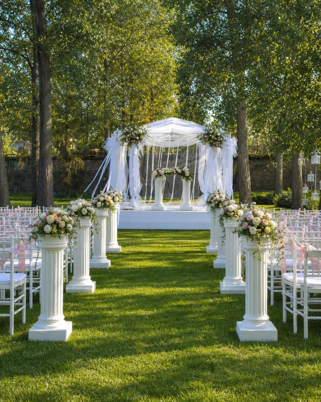 Altar y columnas decoradas con flores para una ceremonia de boda al aire libre