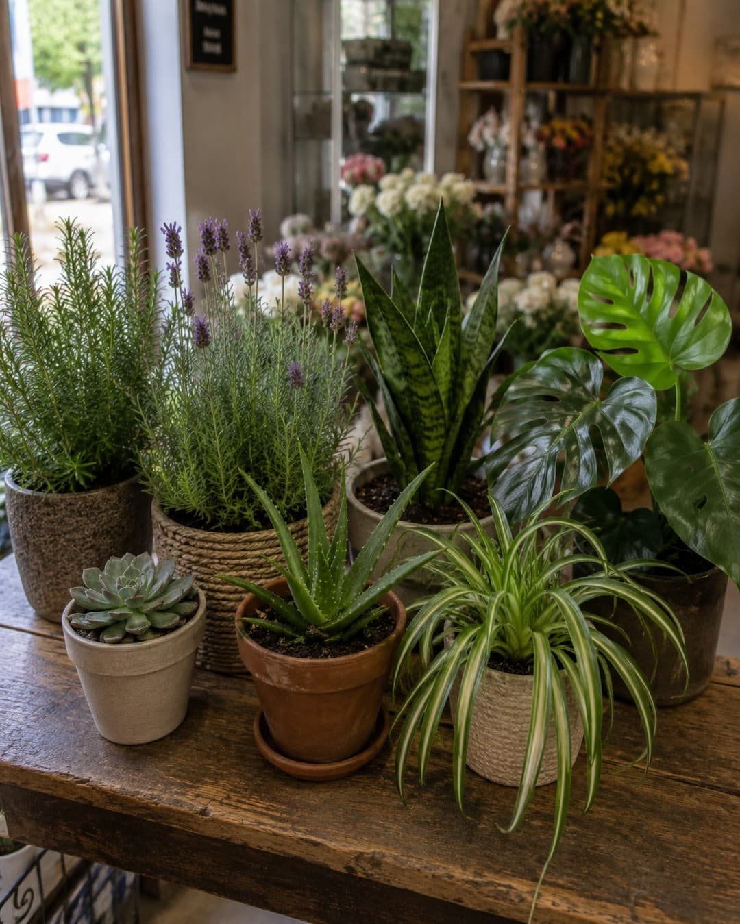 Plantas naturales en maceta expuestas en el escaparate de la floristería en Vigo